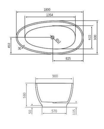 Banheira de centro freestanding branca em acrílico reforçado desenho tecnico